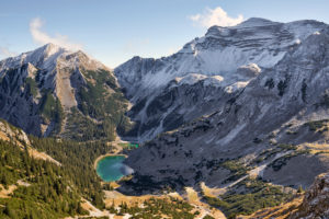 View of Soiern Cirque with Soiernseen Lakes and Soiernspitze Peak as well as Soiernhaus Alpine Club Hut from Schöttelkarspitze Peak View of Soiern Cirque with Soiernseen Lakes and Soiernspitze Peak as well as Soiernhaus Alpine Club Hut from Schöttelkarspitze Peak
